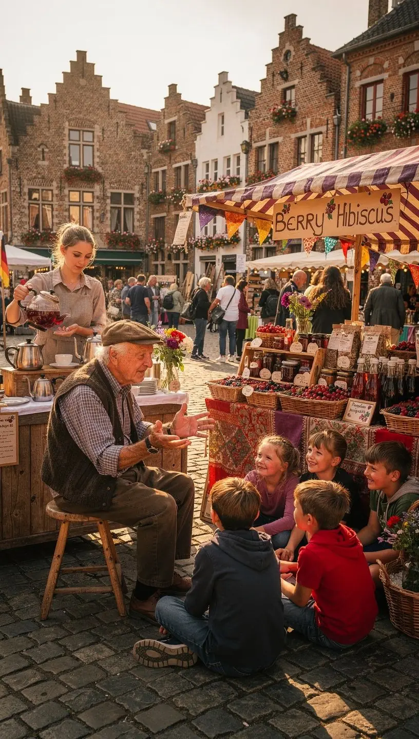 Vue d'ensemble d'une table dressГ©e avec des tasses de mГ©lange d'hibiscus et de baies, prГЄte Г  ГЄtre dГ©gustГ©e.